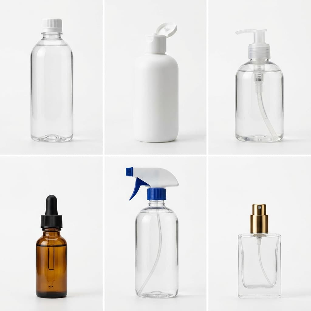 Six bottle closure types: screw cap, flip-top, pump, dropper, trigger sprayer, and mist sprayer