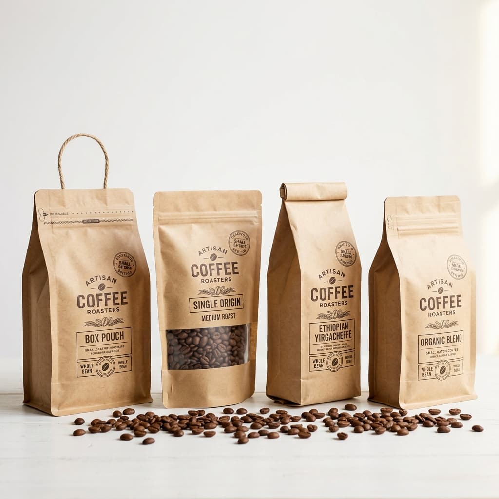 Four coffee bag styles: flat bottom, stand-up, side-gusset, and quad-seal