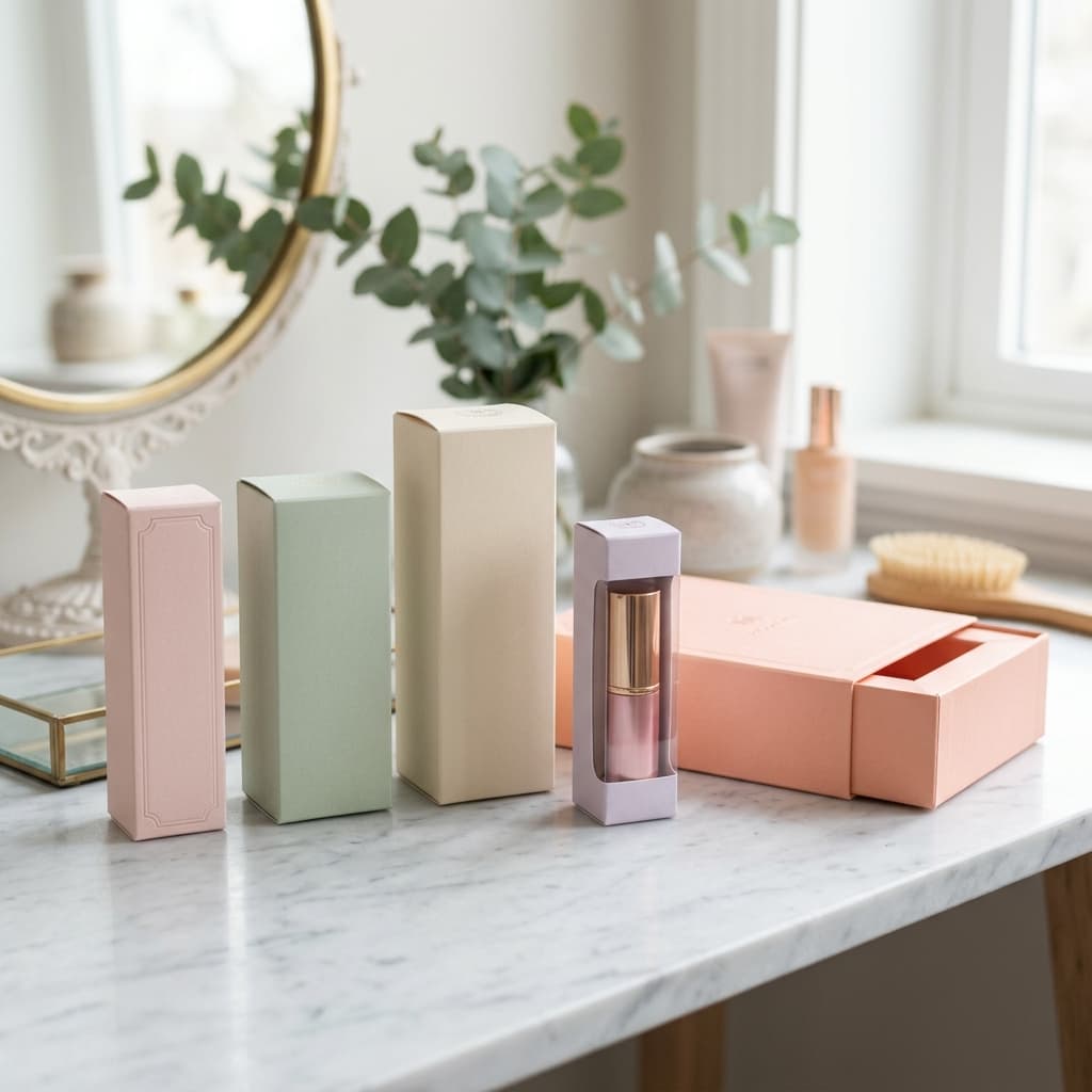 Five cosmetic box styles: tuck end, reverse tuck, auto-bottom, window carton, and sleeve-and-tray