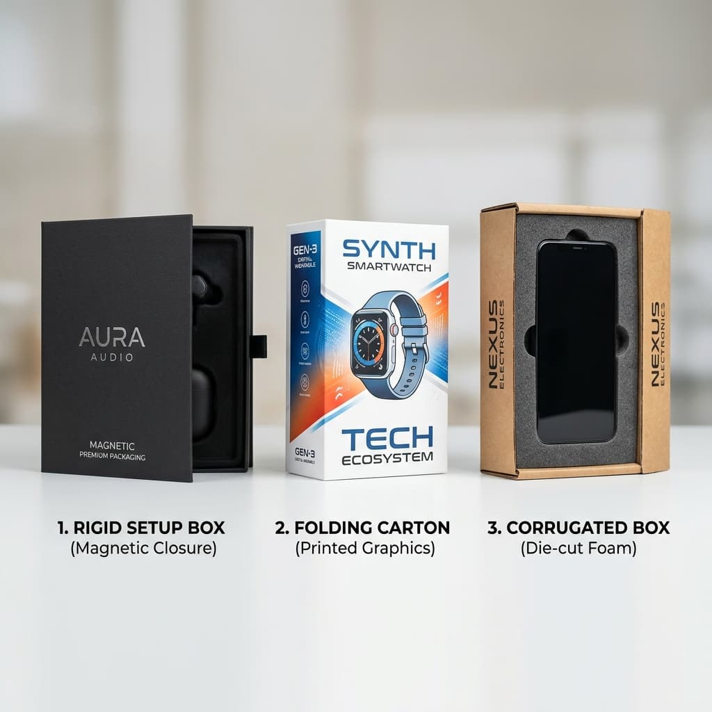 Comparison of rigid boxes, folding cartons, and corrugated shipping boxes for electronics