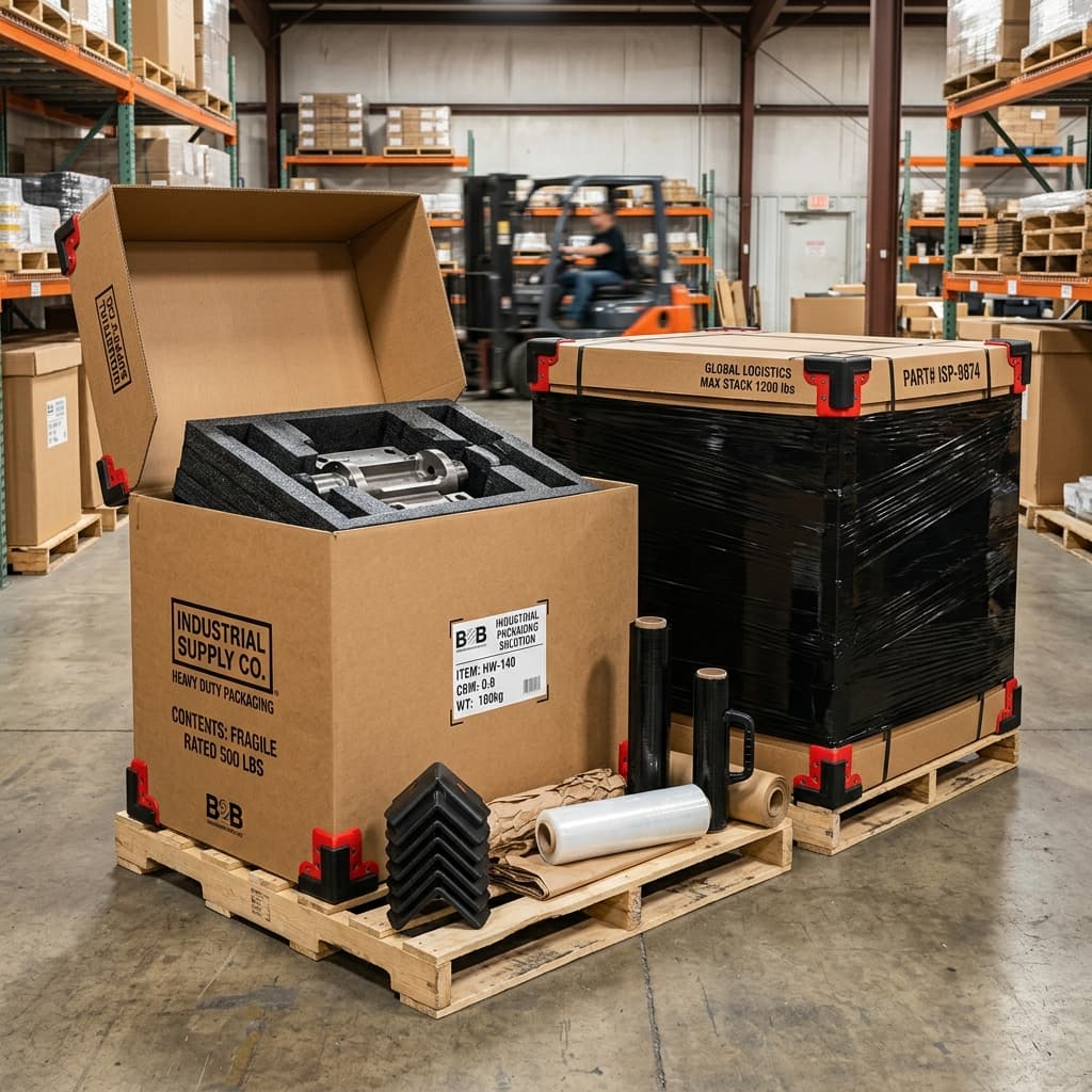 Heavy-duty industrial packaging with corrugated boxes and foam inserts