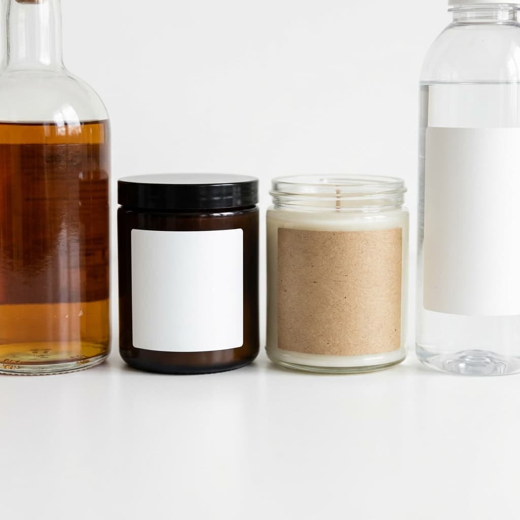 BOPP, clear, kraft, and vinyl label materials compared on product bottles