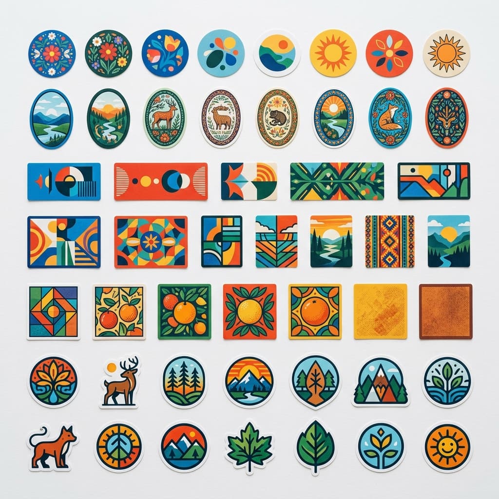 Custom labels in various die-cut shapes: round, oval, rectangle, square, and contour cut