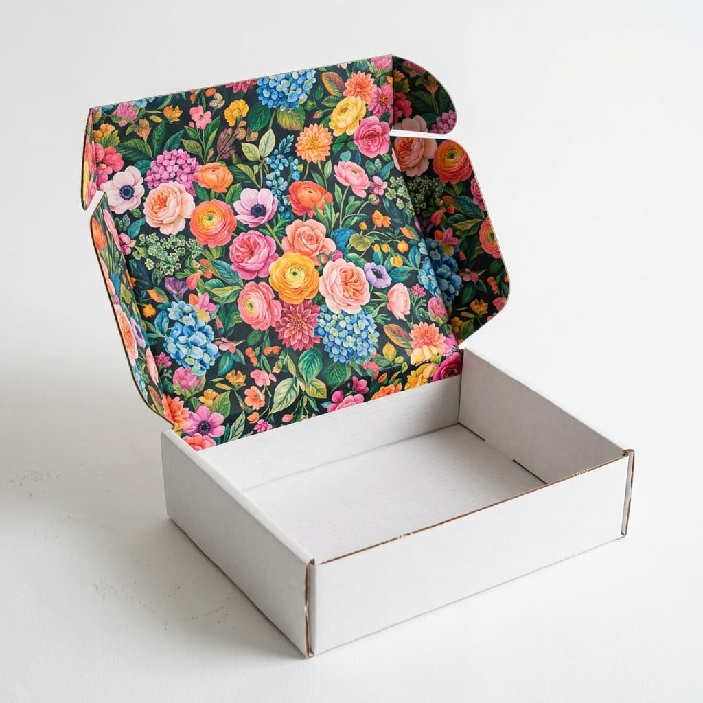 Custom mailer box with colorful interior printing showing brand design inside the lid
