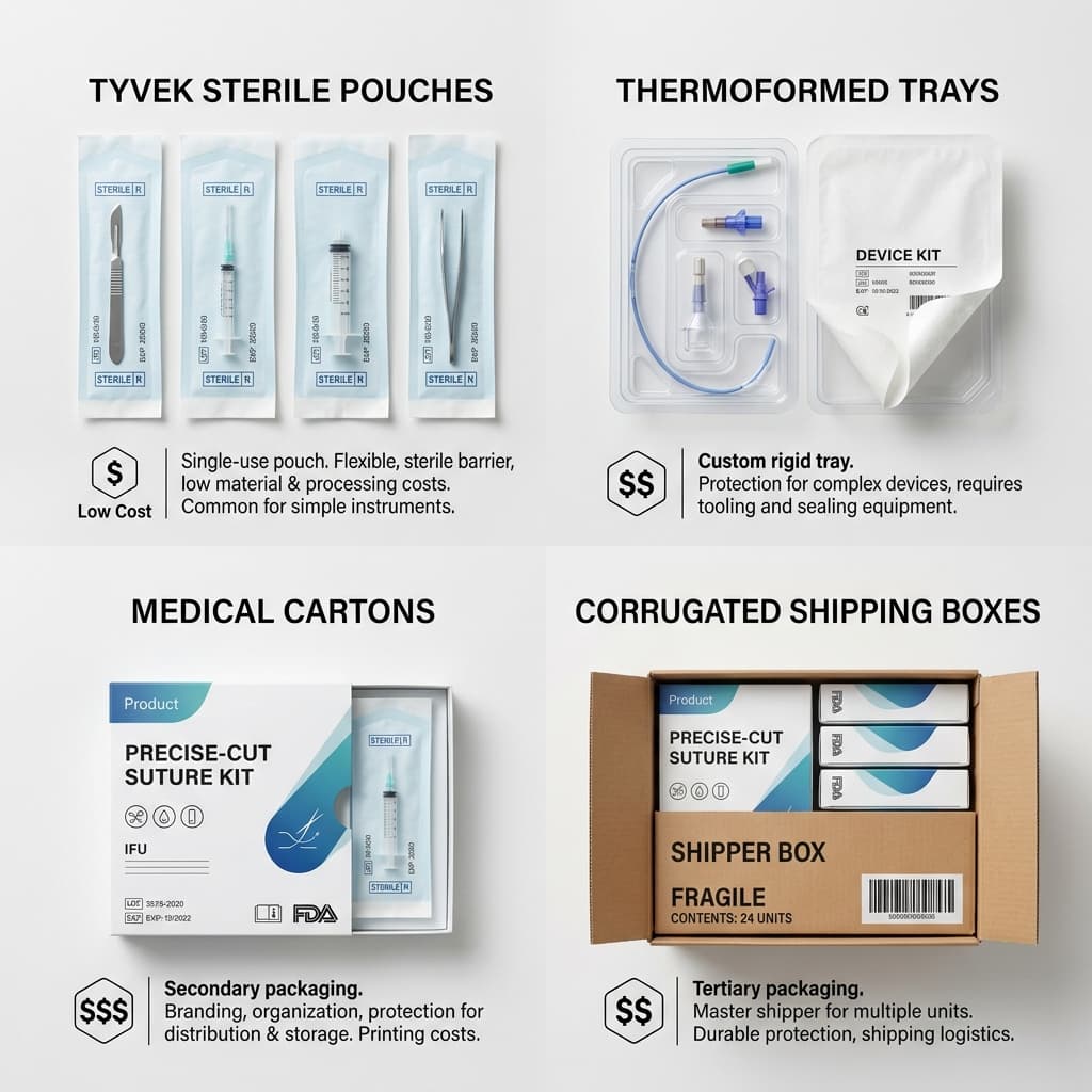 Medical device packaging cost comparison for sterile pouches and trays