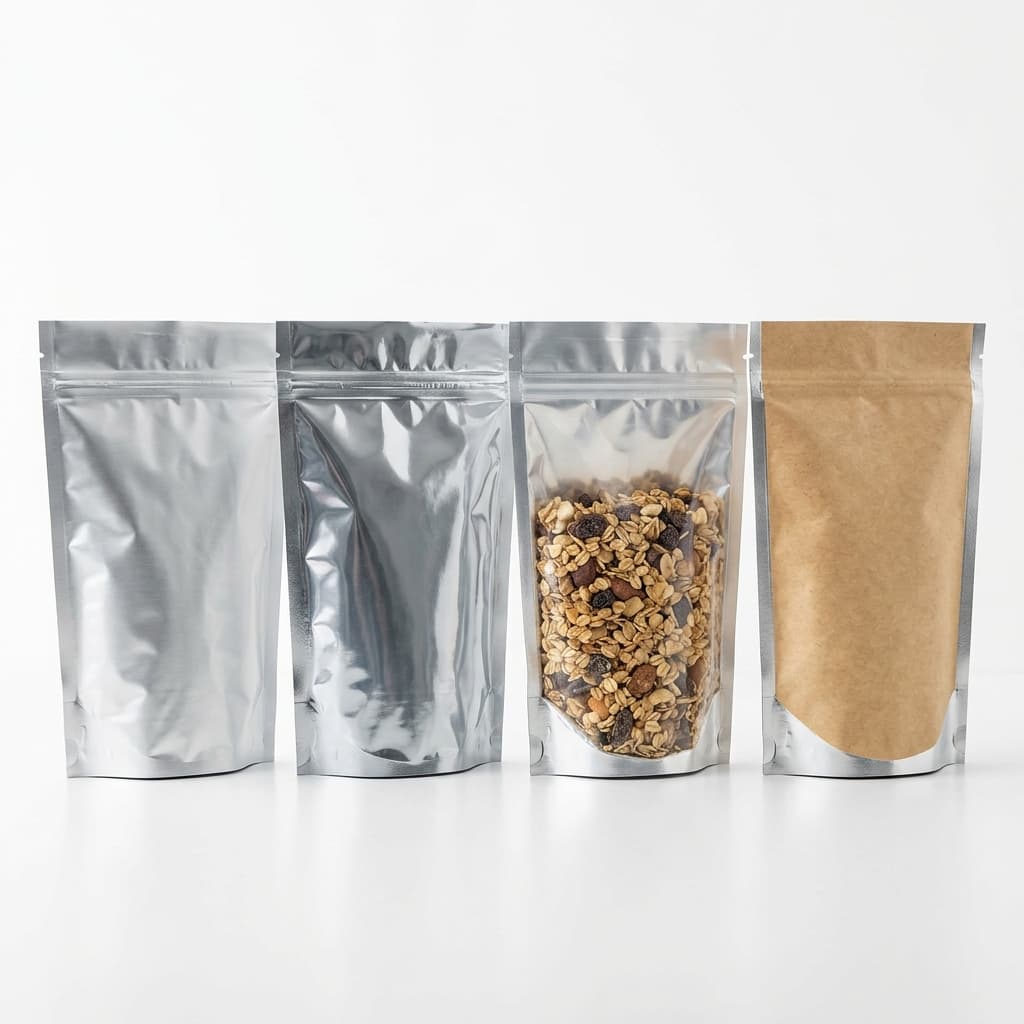 Four types of mylar bag barrier materials: aluminum foil, metalized, clear window, and kraft