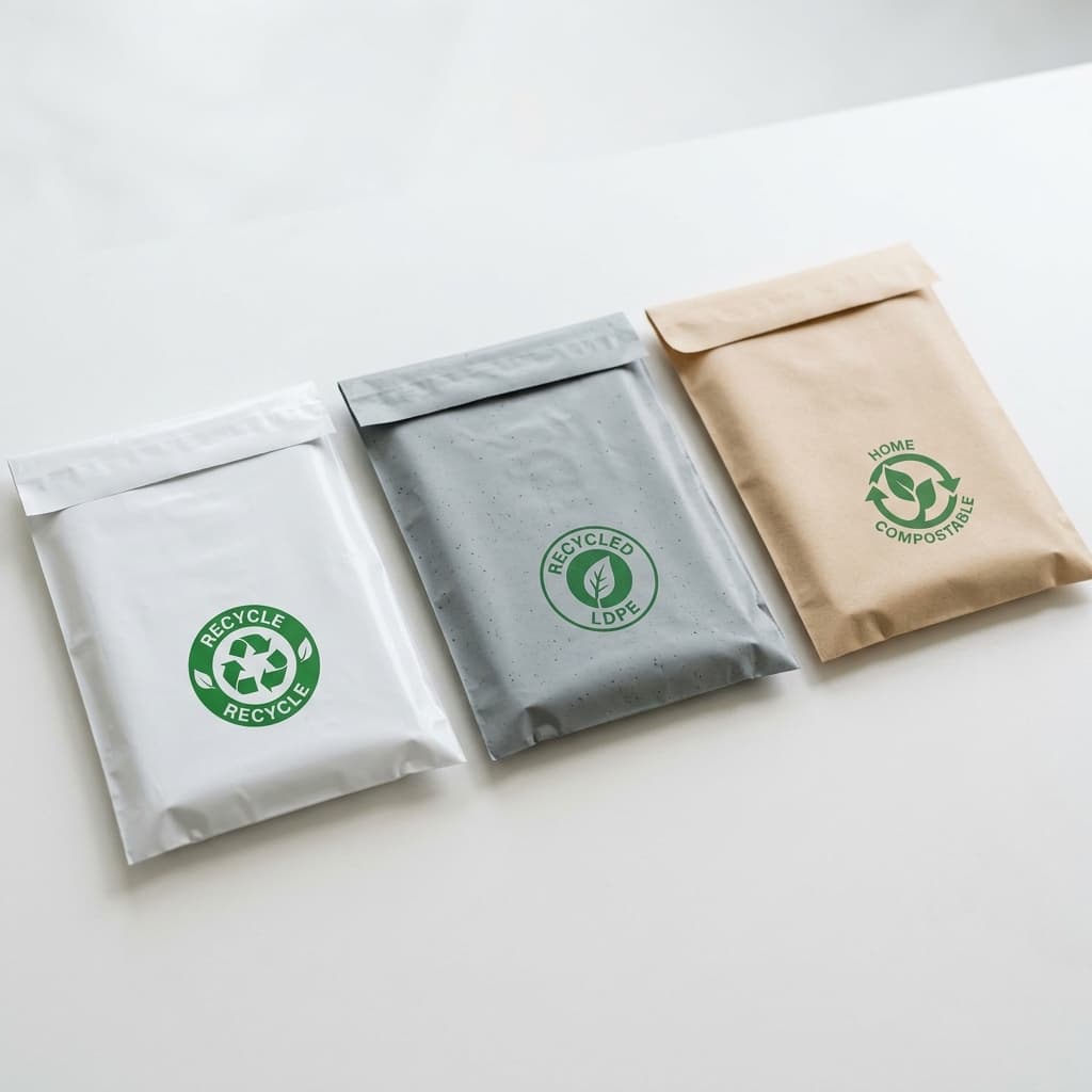 Eco-friendly poly mailers: standard LDPE, recycled grey, and compostable PBAT options