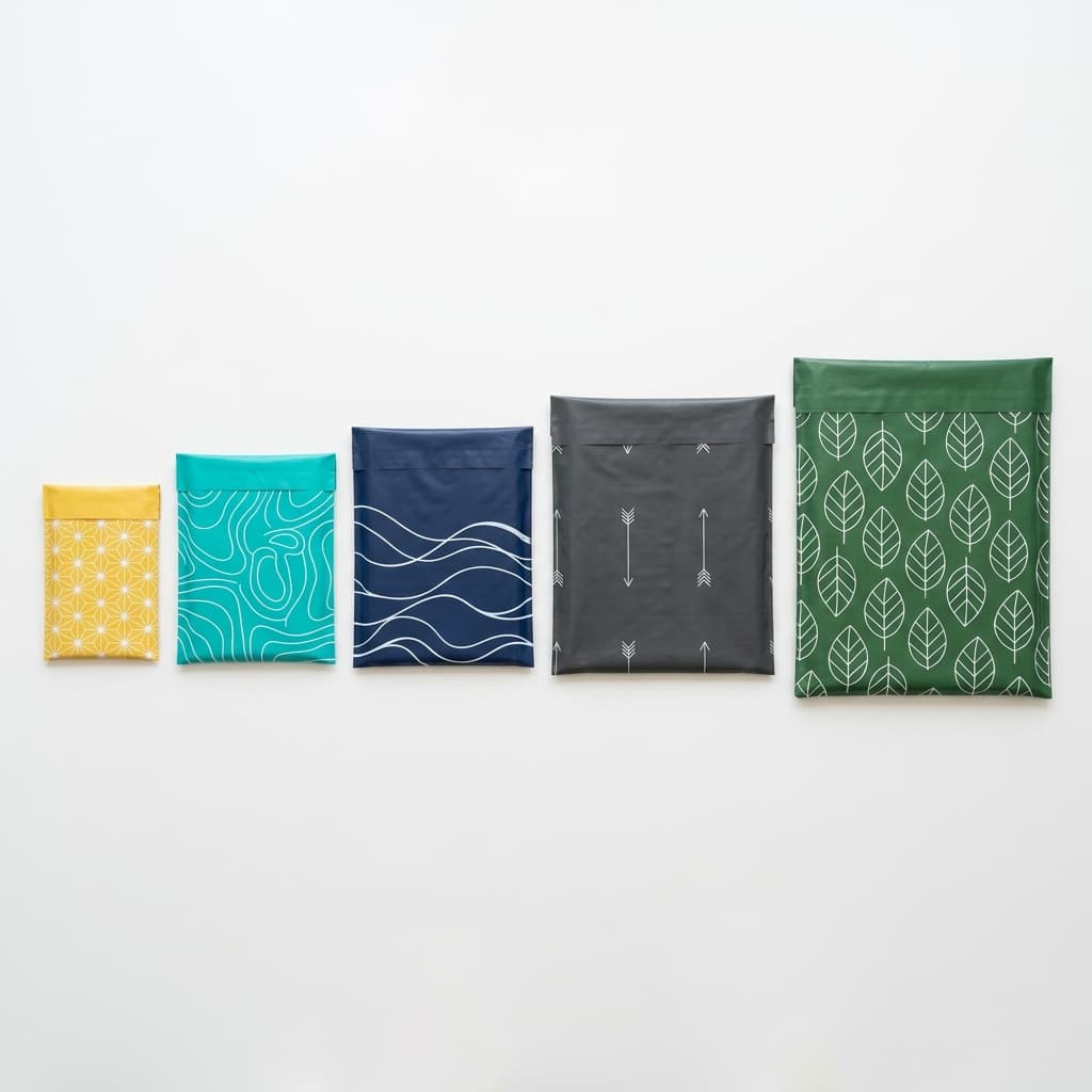 Five poly mailer sizes from 6x9 to 14.5x19 arranged smallest to largest for clothing