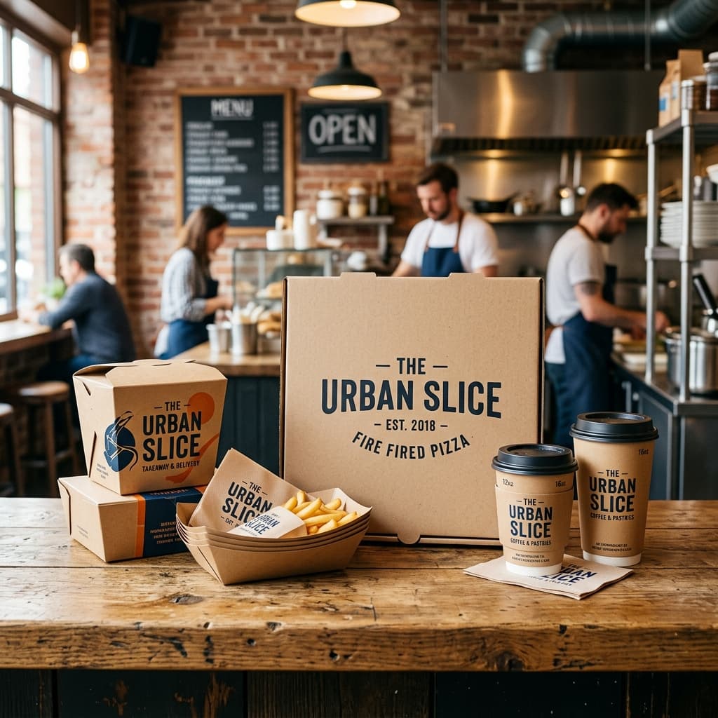 Custom restaurant packaging with branded takeout containers and cups