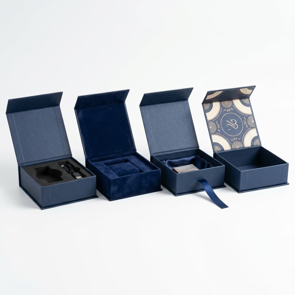 Rigid box interior inserts: EVA foam, velvet flocking, satin ribbon, and printed interior