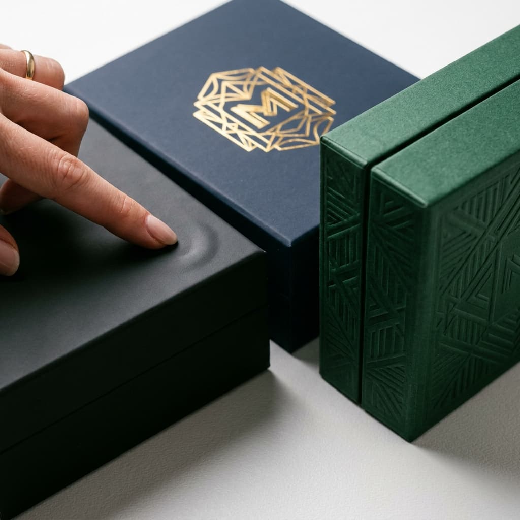 Luxury rigid box finishing details: soft-touch lamination, hot foil stamping, and embossing