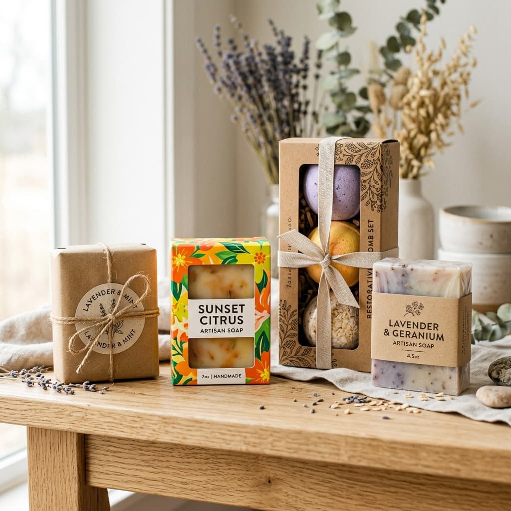 Custom soap packaging with kraft wraps and window boxes