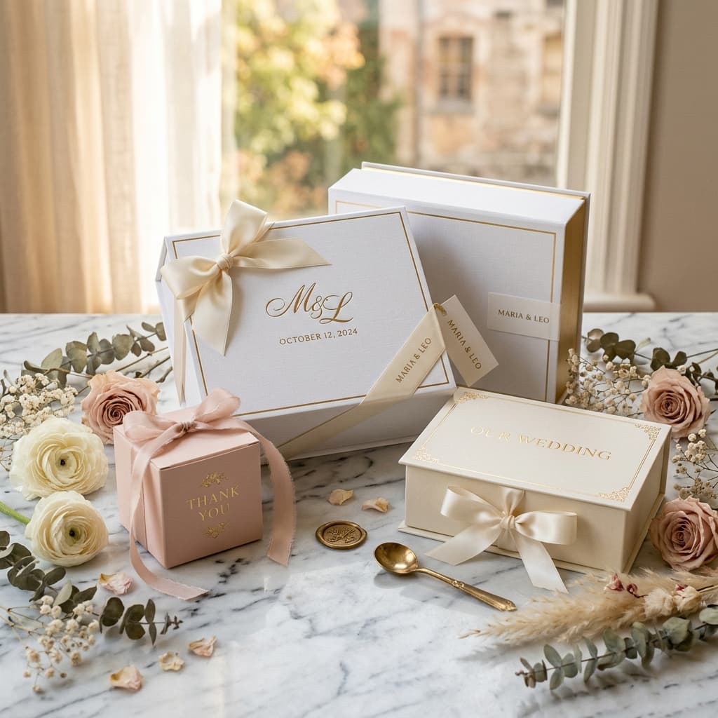 Elegant custom wedding packaging with gold foil gift boxes