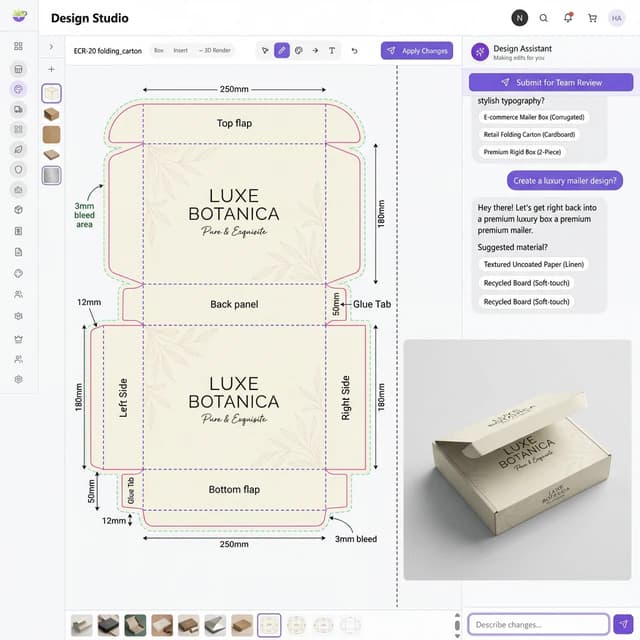 Composite output showing dieline template and 3D box preview