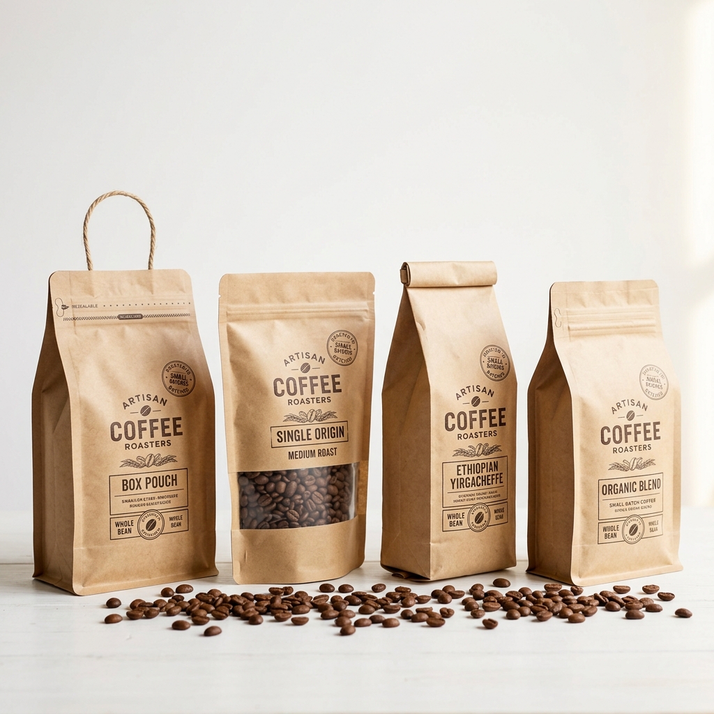Four coffee bag styles: flat bottom, stand-up, side-gusset, and quad-seal