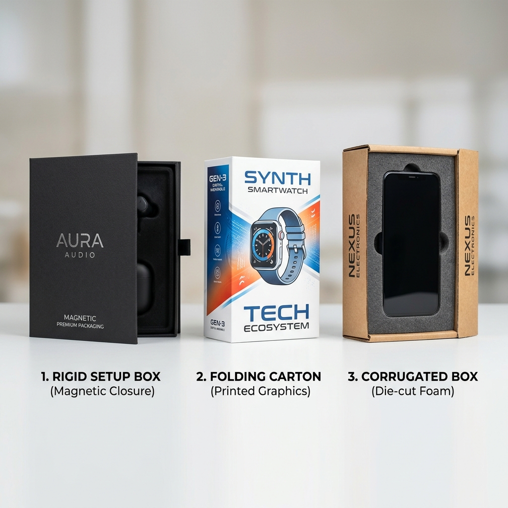 Comparison of rigid boxes, folding cartons, and corrugated shipping boxes for electronics