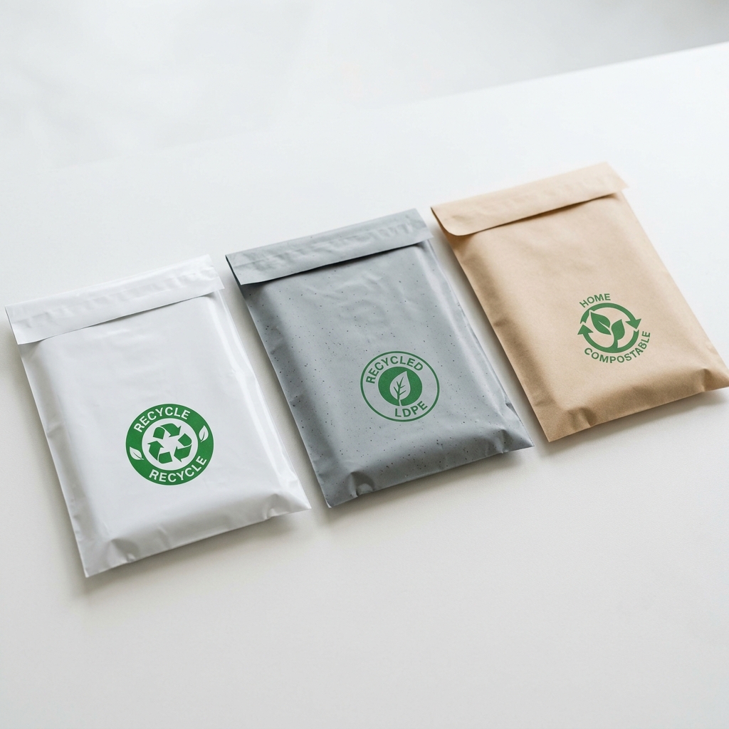 Eco-friendly poly mailers: standard LDPE, recycled grey, and compostable PBAT options