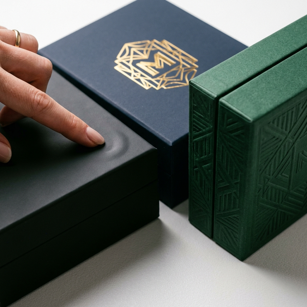 Luxury rigid box finishing details: soft-touch lamination, hot foil stamping, and embossing