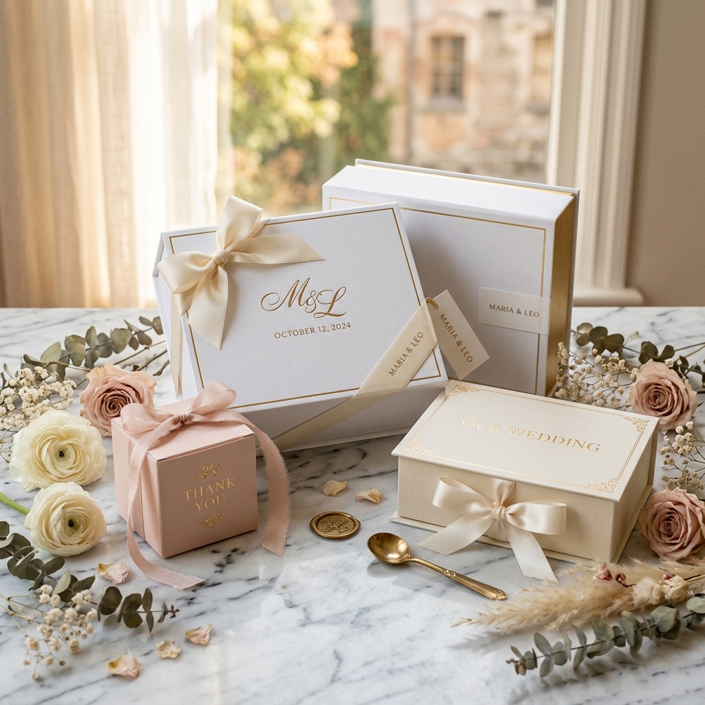 Elegant custom wedding packaging with gold foil gift boxes