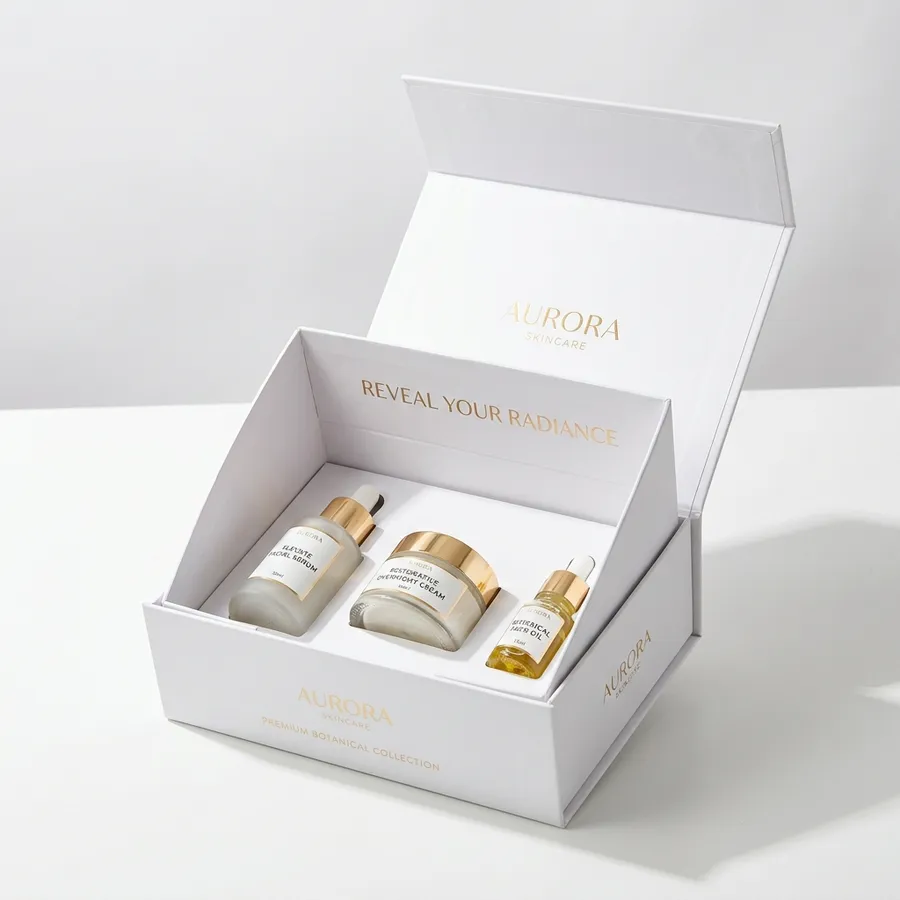 Rigid candle gift box with magnetic display lid holding glass jar candles in a die-cut insert
