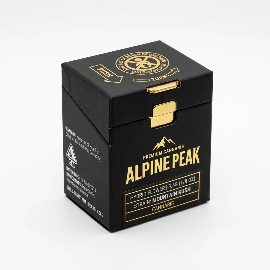 Black child-resistant CBD carton with gold foil branding and certified CR closure