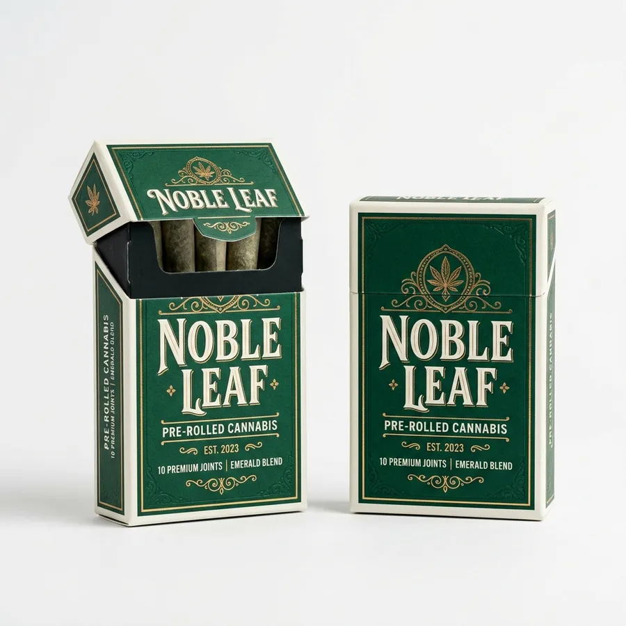 Custom printed cigarette boxes in dark green with gold foil detailing and hinged lid