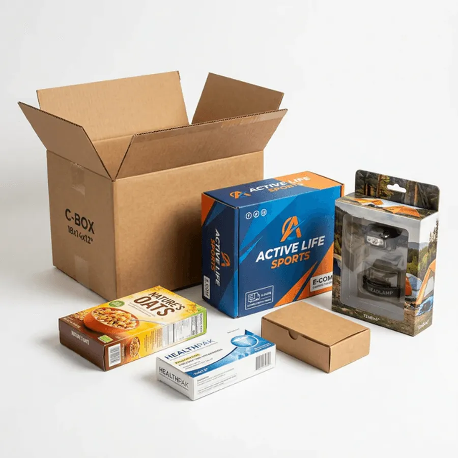 Contract packaging run showing assorted retail cartons and corrugated shippers packed for fulfilment