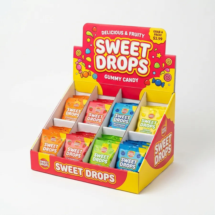 Retail counter display box filled with brightly printed candy cartons at point of sale