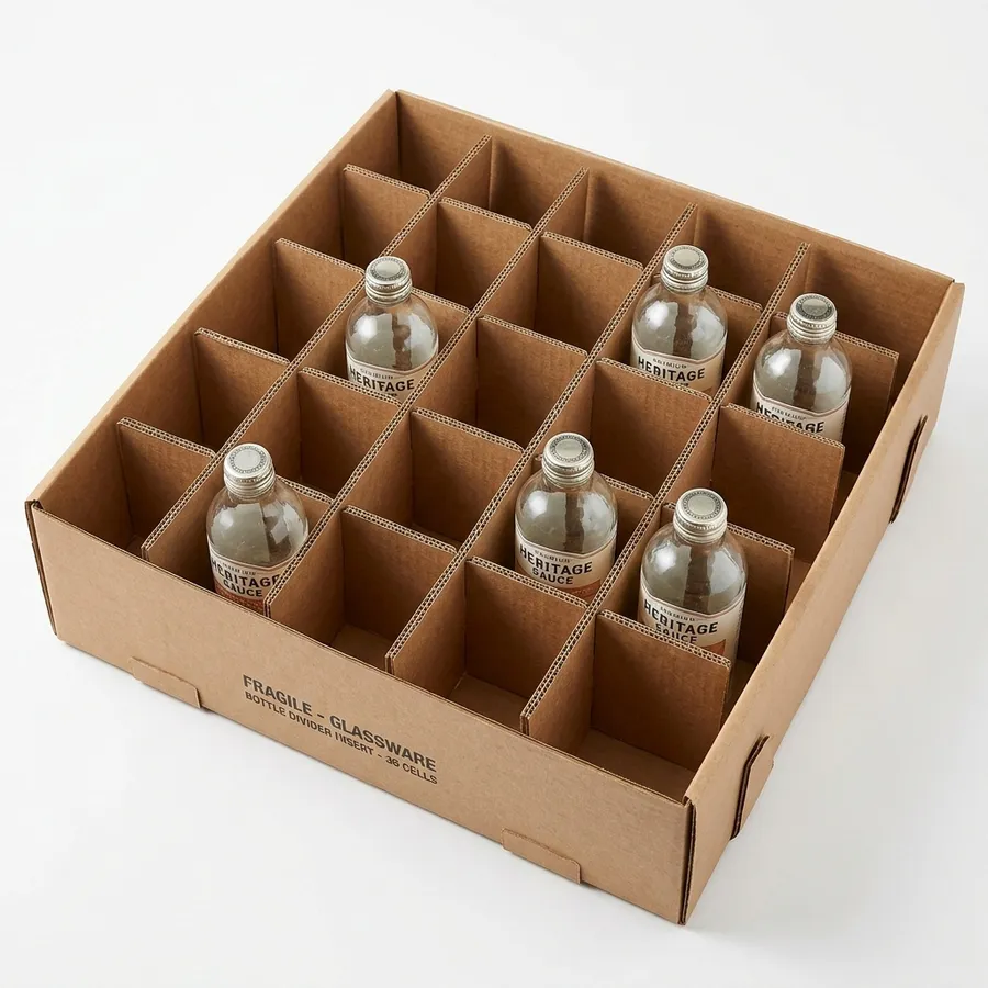 Corrugated fence partition insert dividing a shipping box into sixteen cells for glass jars