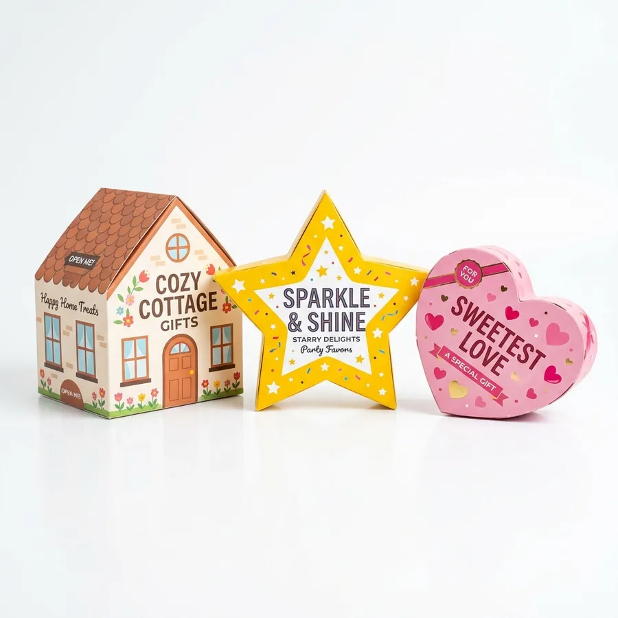 Custom die-cut soap packaging in house, star, and heart shapes with printed patterns