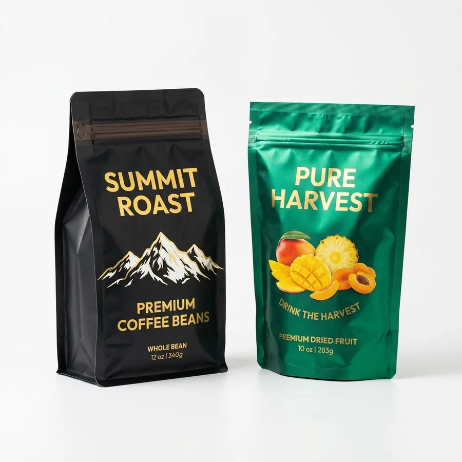 Custom printed coffee pouches with degassing valve and resealable zipper