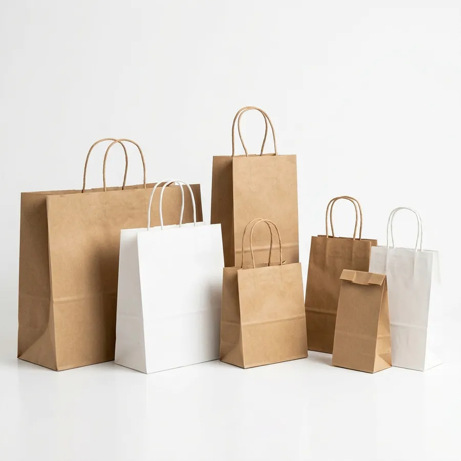 Wholesale custom printed bags in kraft and white with twisted paper handles