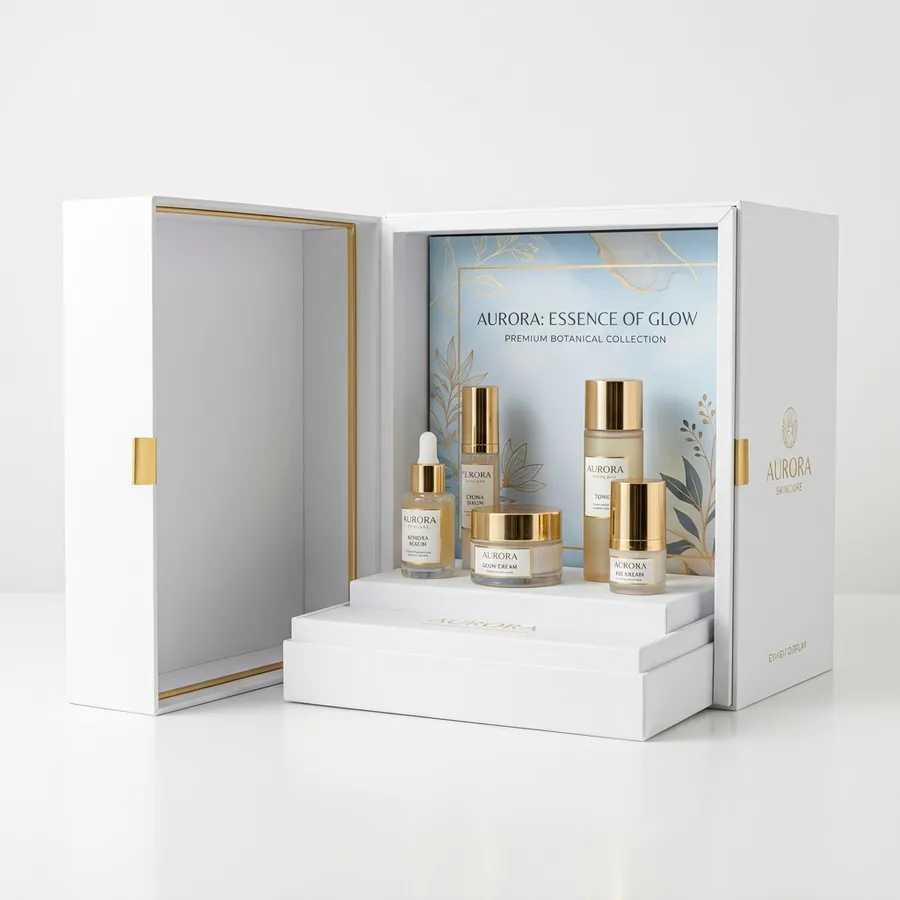 Skincare presentation box opened to display serum and cream bottles in a fitted insert