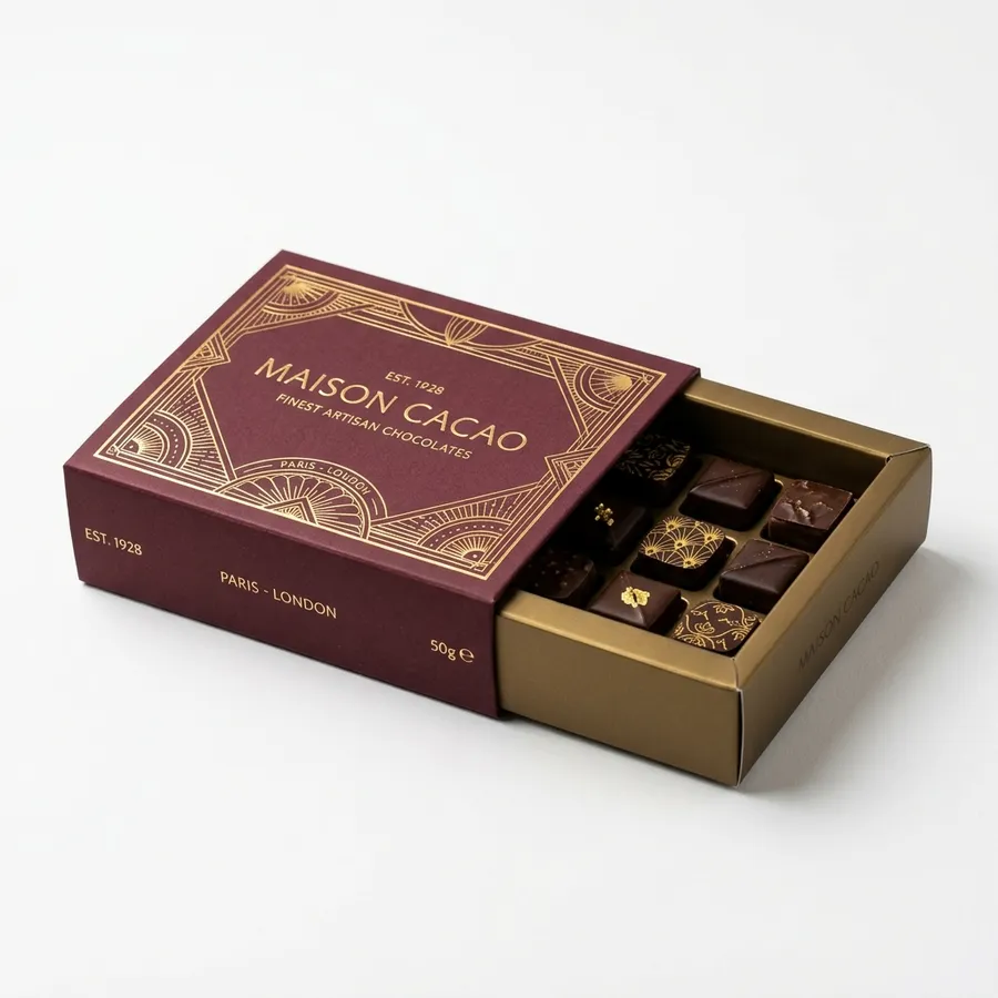 Premium sleeve and tray retail box in burgundy and gold holding assorted chocolates