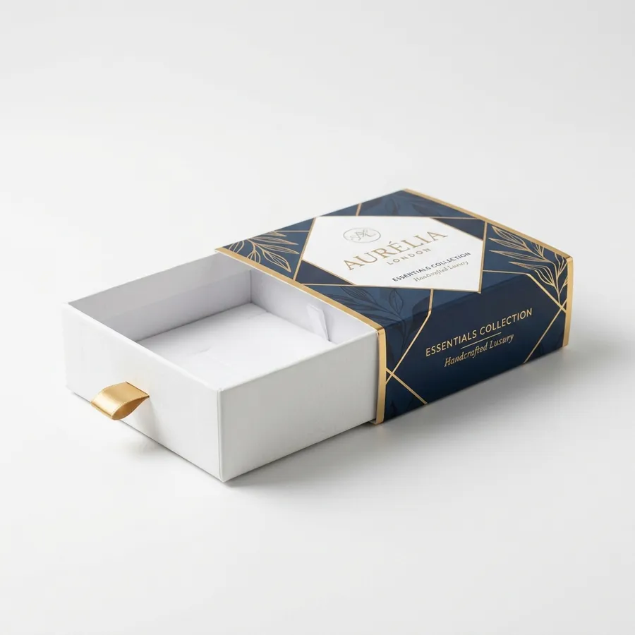 Navy and white sleeve and tray box sliding open to reveal a compartmentalised tray