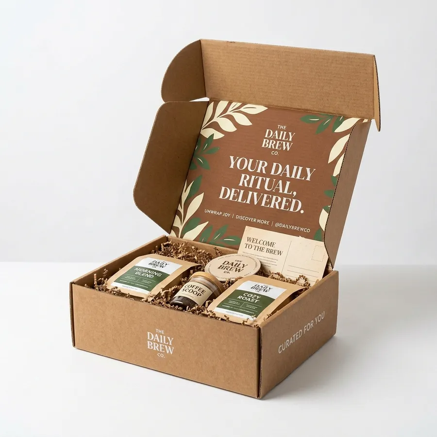 Kraft subscription mailer box printed inside the lid with product compartments