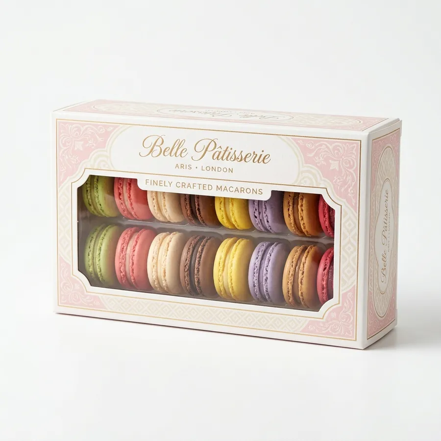 Bakery window box displaying macarons behind a clear die-cut film window